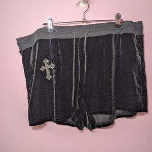 Gothic Black Velvet Rhinestone Cross Shorts